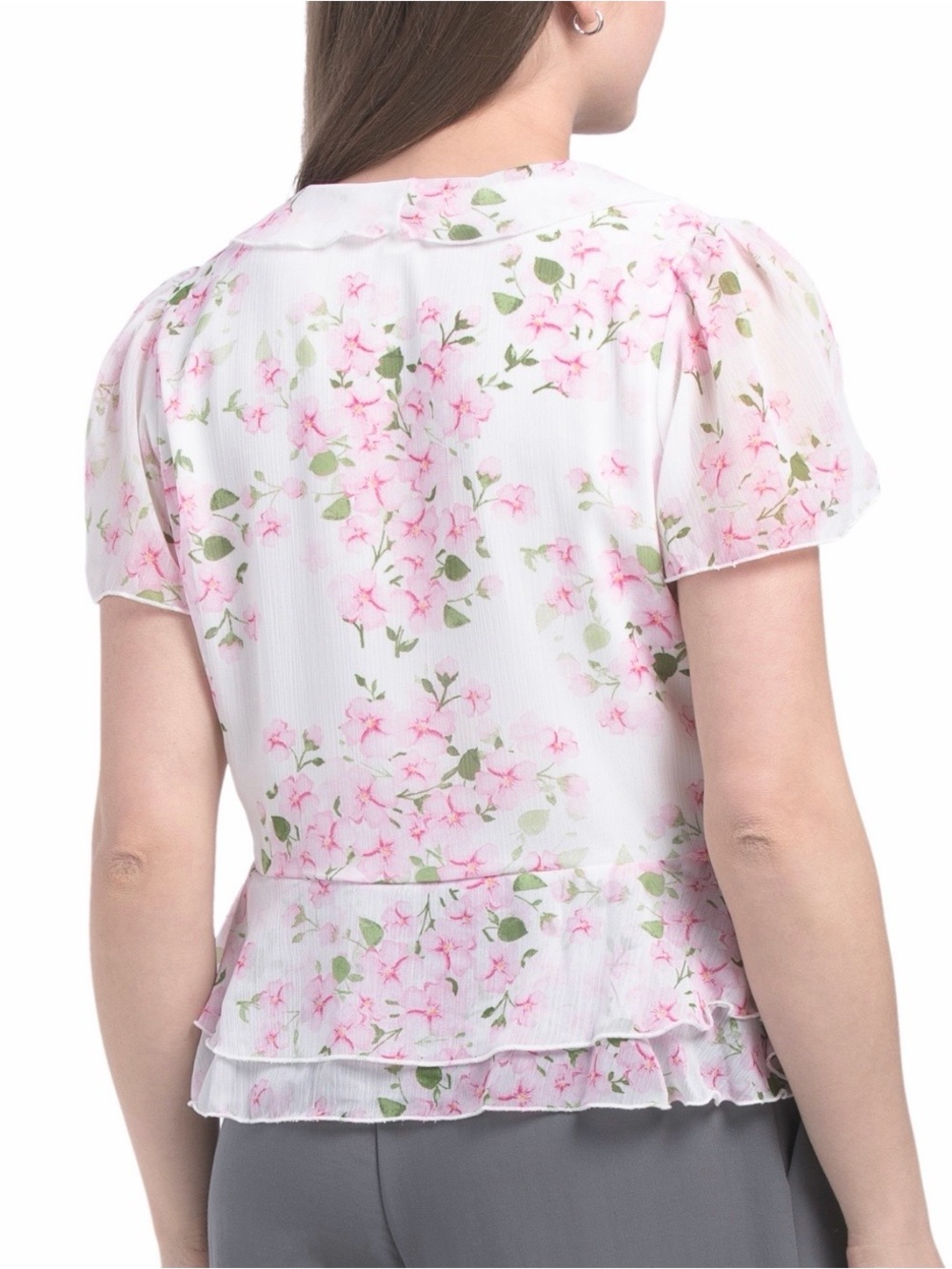 Hanae Mori Pink Floral Tie-Front Chiffon Blouse - Picture 3 of 7
